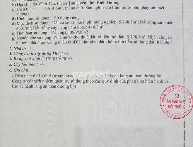Cần bán lô đất SKC : 6.614m² tại Vĩnh Tân 
Tân Uyên BD  : 6.614m²