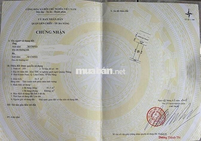 Chính chủ gửi bán lô đất MT Chơn Tâm 8, P Liên Chiểu, Đà Nẵng.