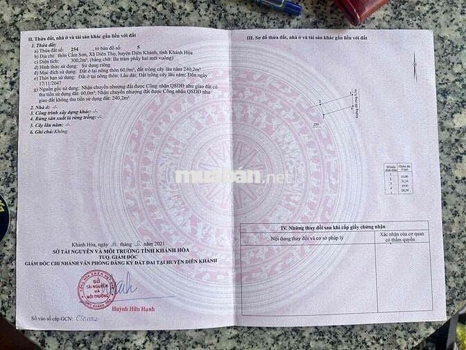 Bán lô đất vườn thổ cư Diên Thọ gần TL2 dt 300m giá 5tr/m, ngang 10m