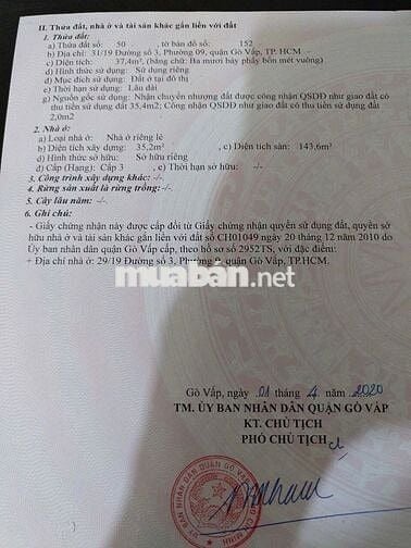Chính Chủ Cần Bán Nhà Gò Vấp Khu An Ninh
