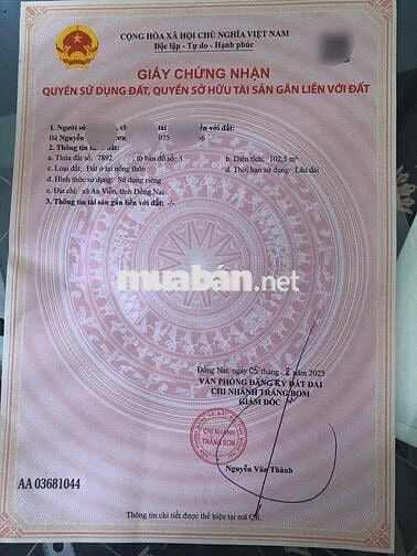 Bán gấp đất nền xã An Viễn gần trung tâm ủy ban xã 950triệu ,chợ.