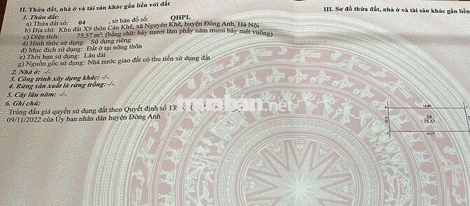 Đấu giá X9 Cán Khê (Nguyên Khê, Đông Anh) 75m2 mặt đường quy hoạch 40m