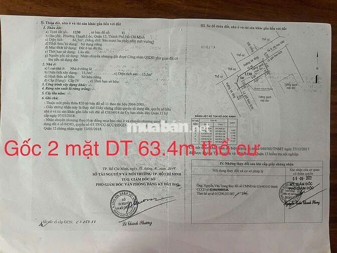 Đất 2 Mặt Tiền Đường Lớn DT: 4,85m x 13m SHR
