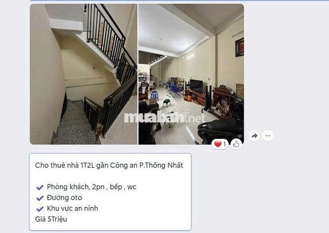CHO THUÊ NHÀ PHƯỜNG THỐNG NHẤT GIÁ 5 TRIỆU
