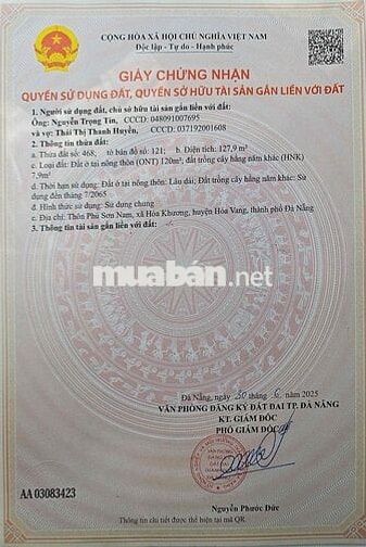🏡 BÁN 6 LÔ ĐẤT HÒA TIẾN – NGAY CẦU QUẢNG ĐÀ (Hòa Khương cũ) 	•	Diện tí
