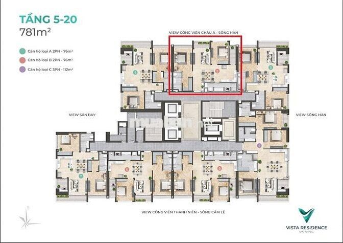 Cặn hộ trung tâm thành phố Đà Nẵng 2 PN, 76m2 dự án Vista Residence