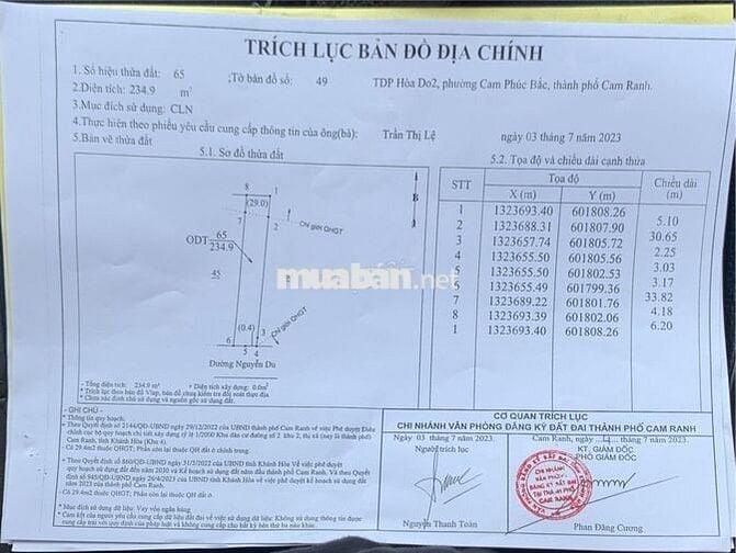 Bán đất MT 234,9m2 (ngang 6,2m) Đ.Nguyễn Du,Cam Phúc Bắc, TP Cam Ranh