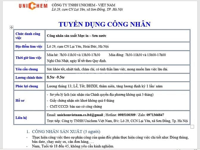 Cần tuyển gấp 5 công nhân sản xuất sơn nước + 2 xe ôm chở hàng khoán
