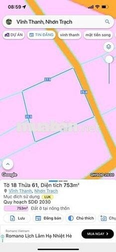 Cần bán lô đất đẹp 753m² – xã Vĩnh Thanh, Nhơn Trạch – đường ô tô, gần