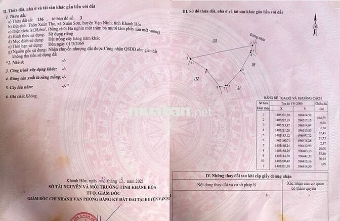 Bán Đất 3138,6m2 hẻm oto gần UBND Xuân Sơn, Vạn Ninh, Khánh Hoà