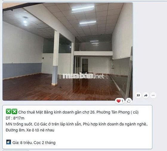 CHO THUÊ MẶT BẰNG PHƯỜNG TÂN PHONG GIÁ 8 TRIỆU