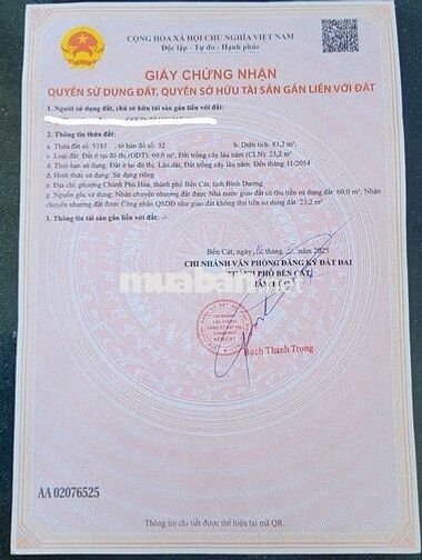 85 m2 đất thổ cư 60m. Sổ hồng sẵn. Chính chủ 100%. Chánh Phú Hòa.