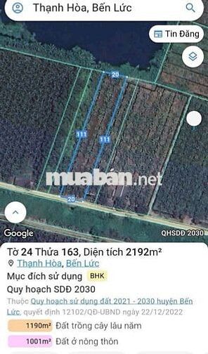 Đất vườn dt 2190m giá 2tỷ350.mặt tiền đường bê tông 4m.thạnh hòabếnlức