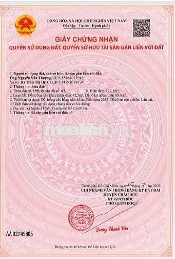 CHÍNH CHỦ BÁN ĐẤT THỔ CƯ SẴN SỔ KHU VỰC NGHĨA THÀNH-HCM (CHÂU ĐỨC CŨ)