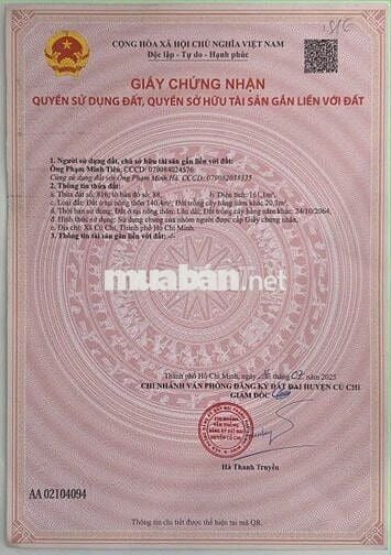 Bán đất 162m2 - 100% Thổ Cư - Tân Thông Hội - Củ Chi . Giá 1 tỷ 500
