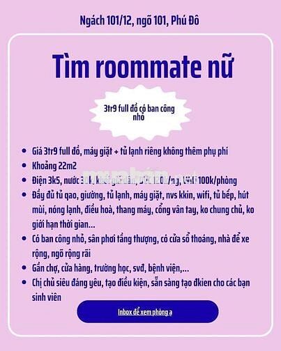 MÌNH CẦN TÌM 1 BẠN Ở GHÉP NỮ. HIỆN TẠI PHÒNG CÓ 1 NGƯỜI GIÁ 3TR9 Ạ