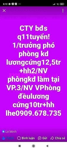 Nhân viên phòng kd làm tại VP và NV văn phòng lương CB 10tr+h.hồng