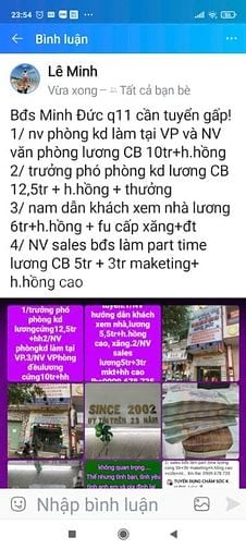 Nhân viên phòng kd làm tại VP và NV văn phòng lương CB 10tr+h.hồng