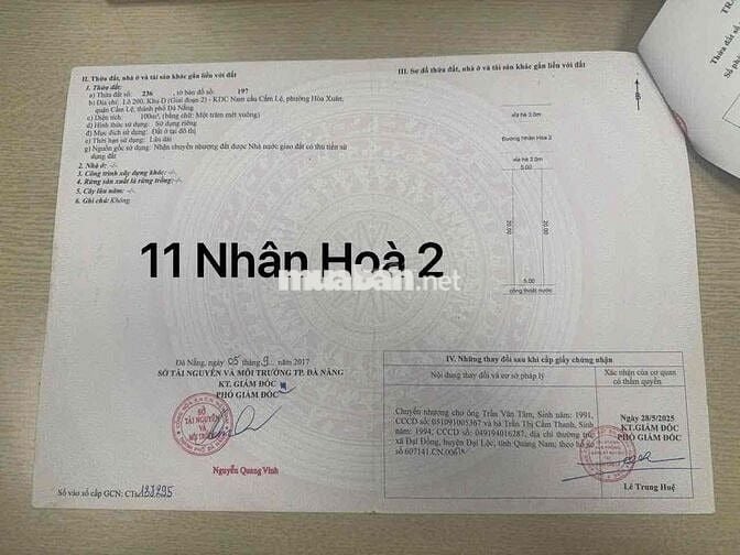 Chủ cần bán đất đường Nhân Hoà 2 khu Hoà Xuân Cẩm Lệ Đà Nẵng