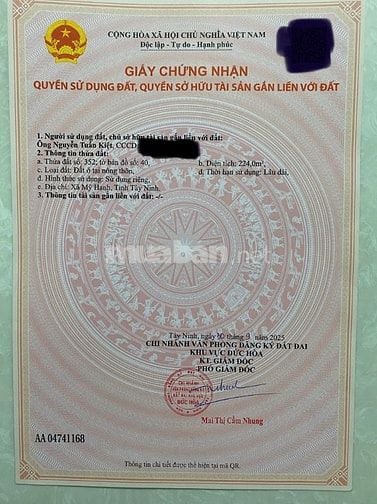 Bán lô đất 5x45 thổ cư 100% đối diện TT hành chính công xã Mỹ Hạnh mới