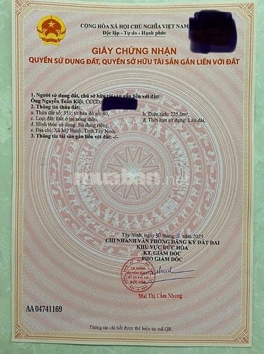 Bán lô đất 5x45 thổ cư 100% đối diện TT hành chính công xã Mỹ Hạnh mới