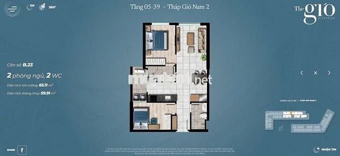 Chính chủ bán The Gió view sông 2pn chưa tới 48tr/m2 tất cả thuế phí.