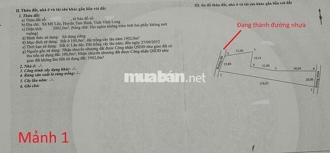 Bán nhà và đất vườn 2002m² 2 mặt tiền đường nhựa, gần Cái Ngang