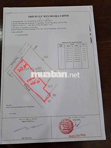 Bán đất khu vực thị xã Trảng Bàng, cua ngân hàng 2 Mặt tiền