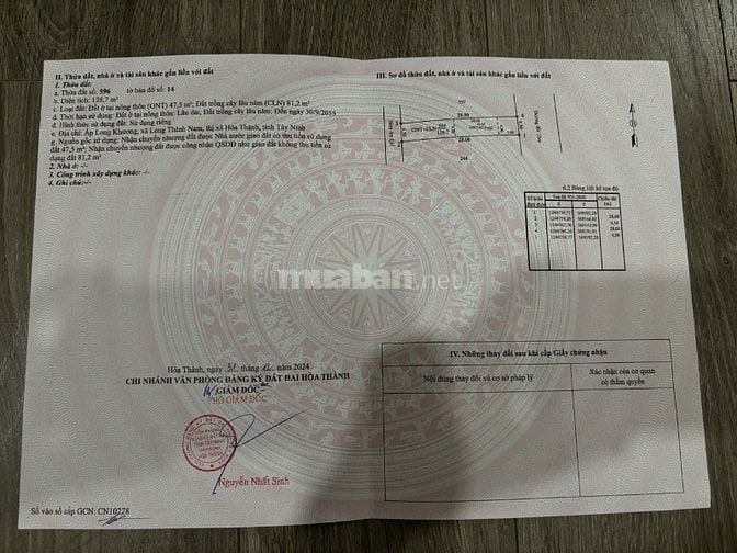 Bán Đất : Ấp Long Khương, xã Long Thành Nam, huyện Hòa Thành, Tây Ninh