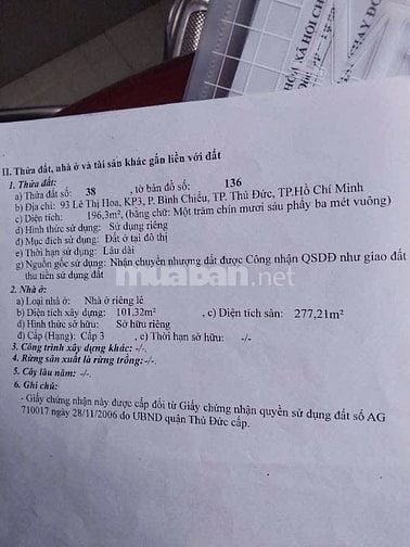 Bán nhà MT Lê Thị Hoa, Bình Chiểu Thủ Đức cũ