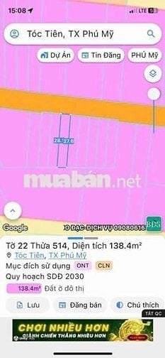 BÁN LÔ ĐẤT ĐƯỜNG MỸ XUÂN TÓC TIÊN , GIÁ NGỘP SÂU, LÚC MUA 2TY,