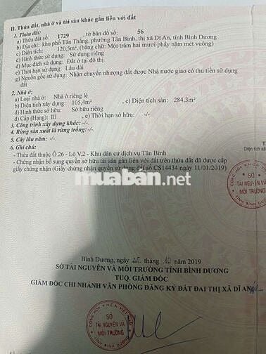BÁN NHÀ 1 TRỆT 2 LẦU MẶT TIỀN ĐƯỜNG HUỲNH THỊ TƯƠI DĨ AN DT 120M2