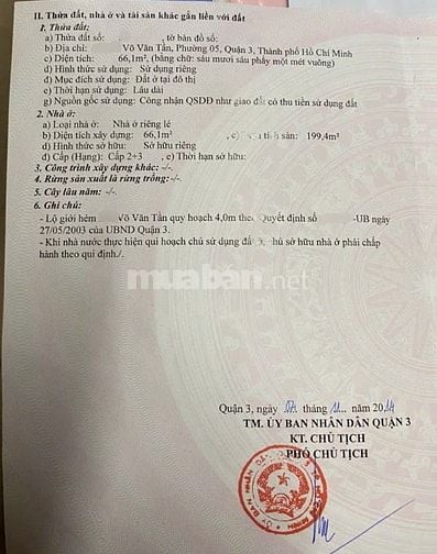 Bán nhà cấp 4 có 3 lầu dt 66m2 đất hẻm 4m đường Võ Văn Tần Quận 3