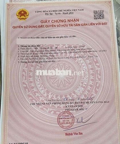 Bán đất thổ cư 303m² (200m² thổ cư) tại Tam An, Long Điền