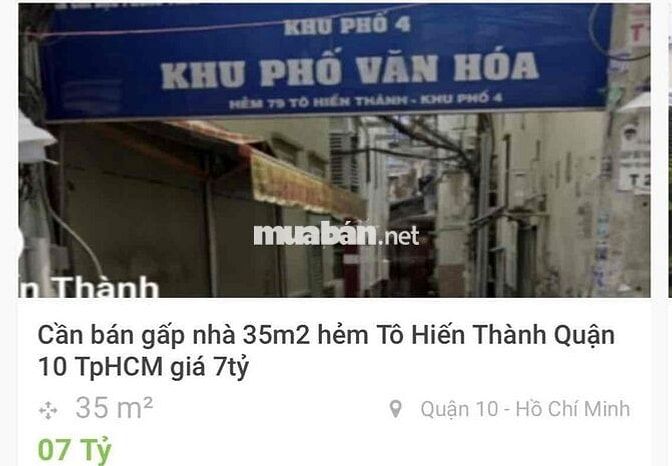Cần bán gấp nhà dt 35m2 hẻm Tô Hiến Thành Q10 TpHCM giá 7 tỷ