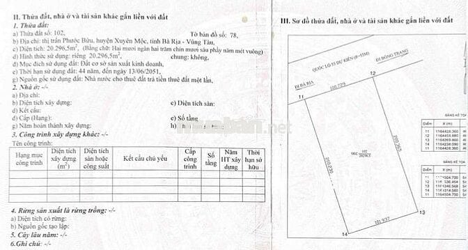 100m mặt tiền 20300m2 đường Hùng Vương - Phước Bửu - Xuyên Mộc