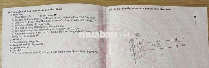 Đất sổ đỏ 514,1 m2. Phước Thạnh, Gò Dầu, Tây Ninh
