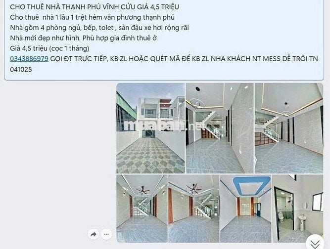 CHO THUÊ NHÀ XÃ THẠNH PHÚ VĨNH CỬU GIÁ 4,5 TRIỆU