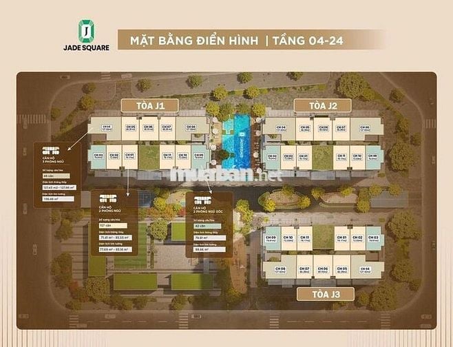 Bán CH 3PN + 3WC tại Jade Square, 15 tỷ, 128m2 Ngân hàng cho vay 80%
