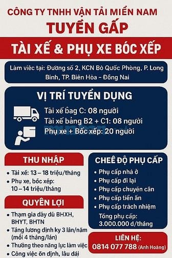  CÔNG TY TNHH VẬN TẢI MIỀN NAM TUYỂN GẤP – TÀI XẾ & PHỤ XE BỐC XẾP