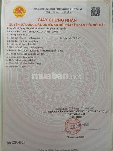 Bán đất chính chủ diện tích 64, 8m2 