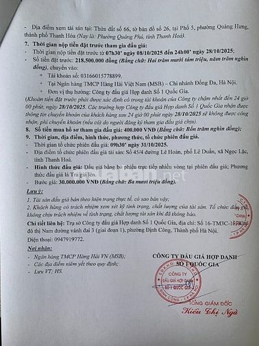 Công ty đấu giá hợp danh Số 1 Quốc Gia thông báo bán đấu giá tài sản