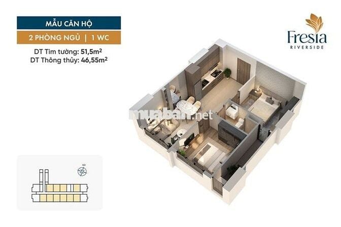 Fresia Riverside Biên Hòa Đồng Nai – Block River 3 51 m2 2PN