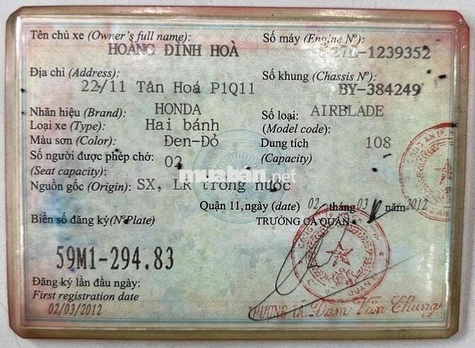Cầm Đồ Th Lý Ab Đầu Bò, Đk 2011, Bstp, Zin Êm.