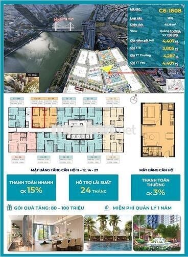 Độc quyền căn 1pn tầng 18 view công viên và sông Hàn sát Vincom