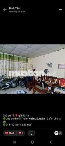 Cho thuê nhà tx 25 giá 4tr  gần ubp gần chợ tx q12