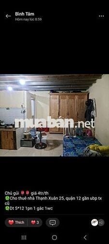 Cho thuê nhà tx 25 giá 4tr  gần ubp gần chợ tx q12
