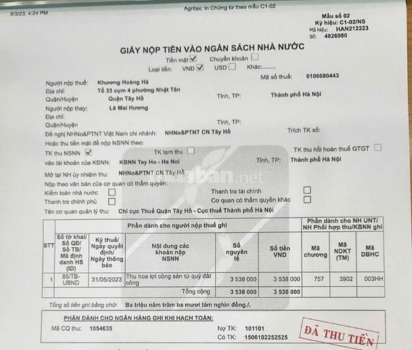 Nhượng đất xưởng sản xuất khu Vườn Đào Nhật Tân quận Tây Hồ Hà Nội 