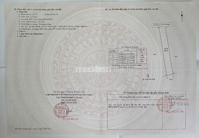 Bán đất lô đất thổ cư 877,9m2 mặt tiền Nguyễn Trần Văn Ngà, TP.Tân An