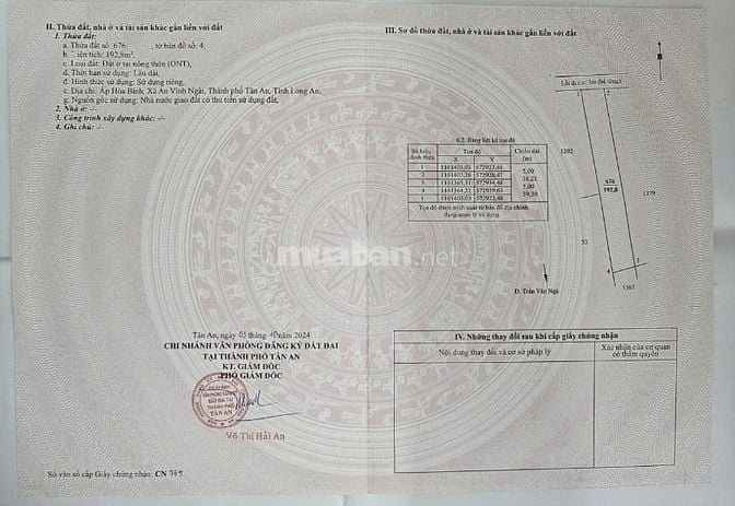 Bán đất lô đất thổ cư 877,9m2 mặt tiền Nguyễn Trần Văn Ngà, TP.Tân An